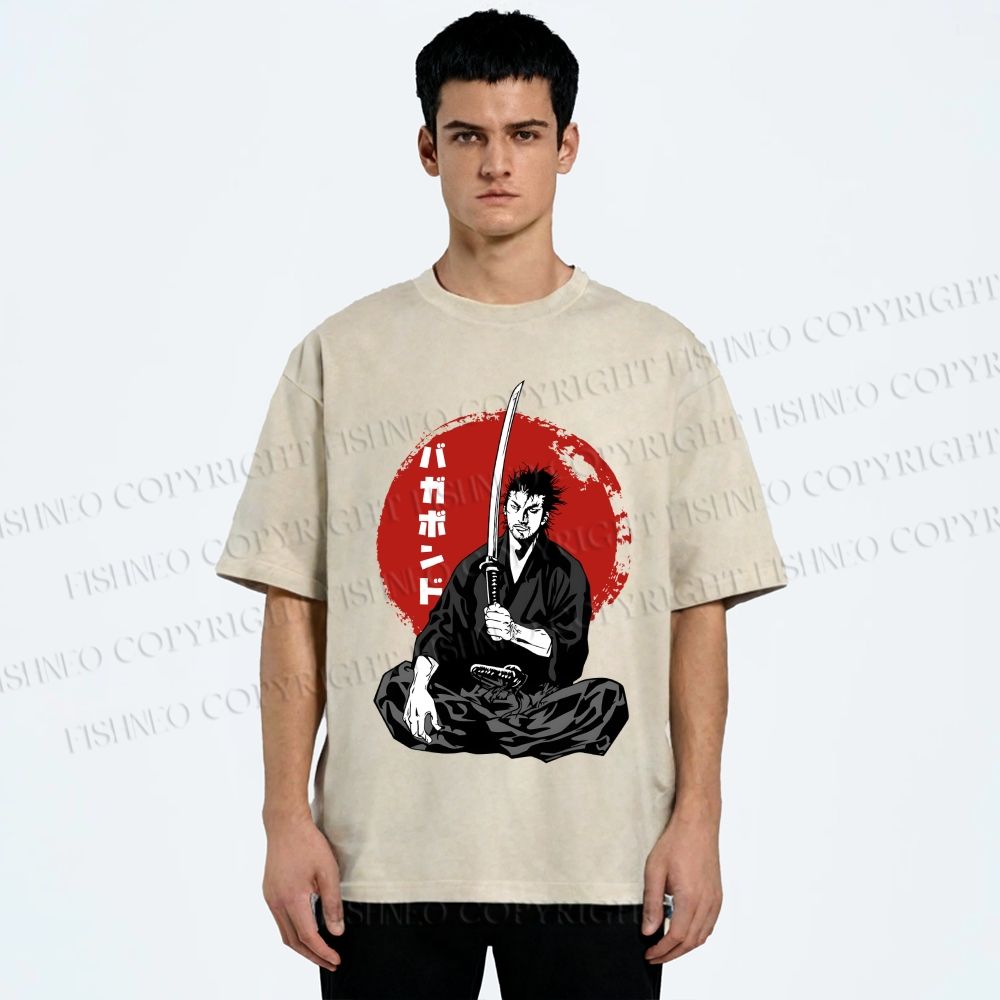 Unisex Vagabond Meditating Samurai Printed Washed Tee