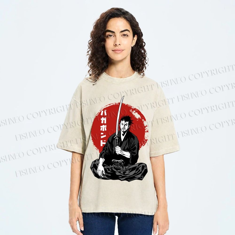 Unisex Vagabond Meditating Samurai Printed Washed Tee