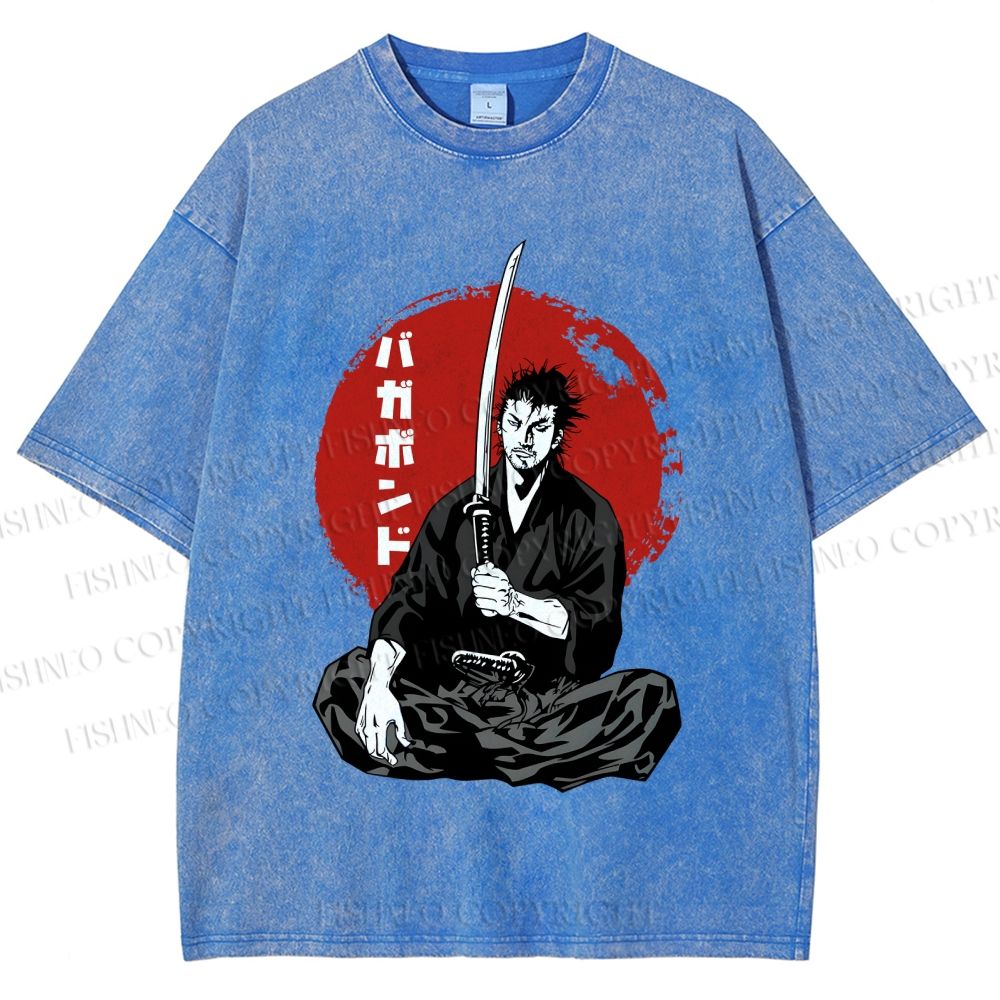 Unisex Vagabond Meditating Samurai Printed Washed Tee