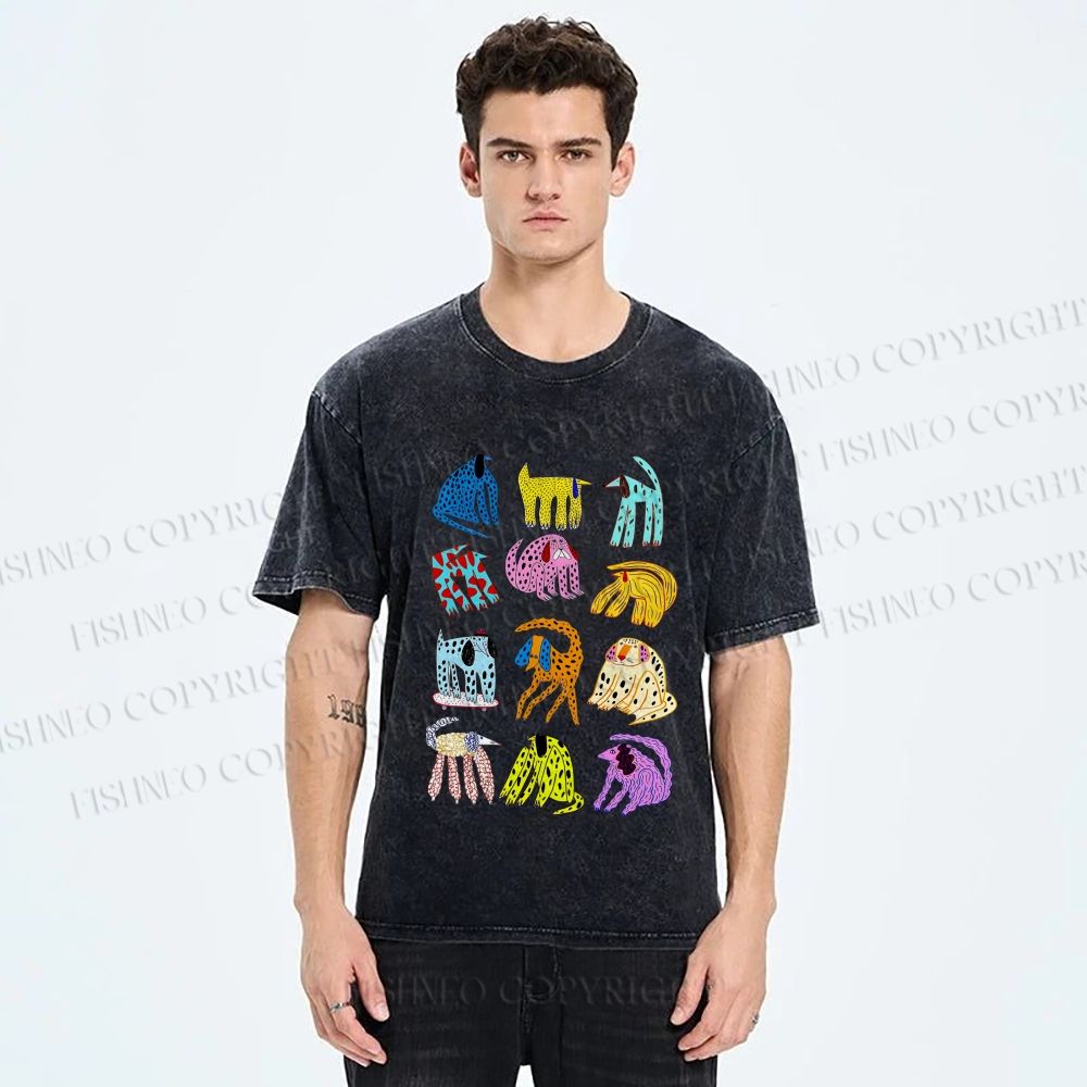 Unisex Dogs with Dots Printed Washed Tee