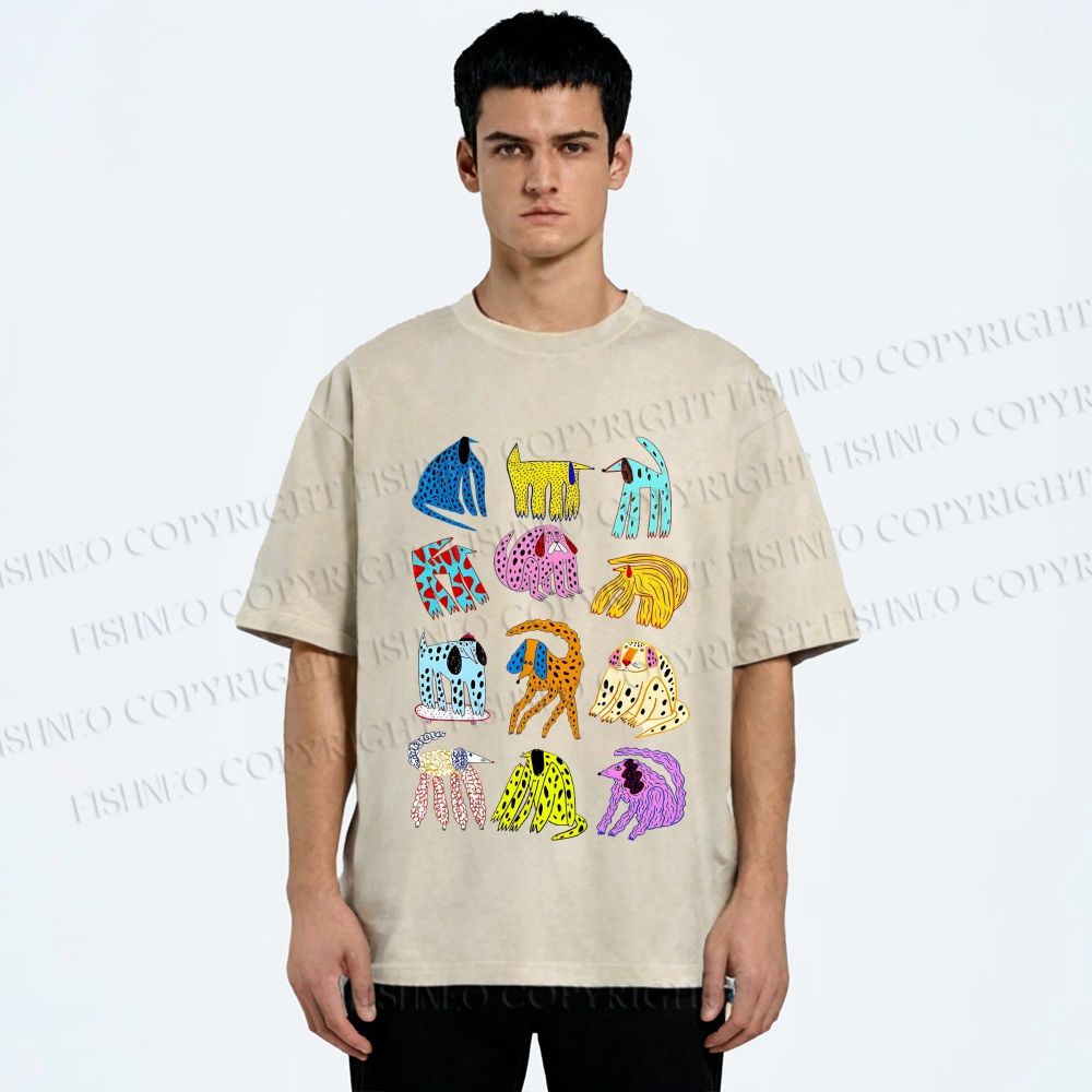 Unisex Dogs with Dots Printed Washed Tee
