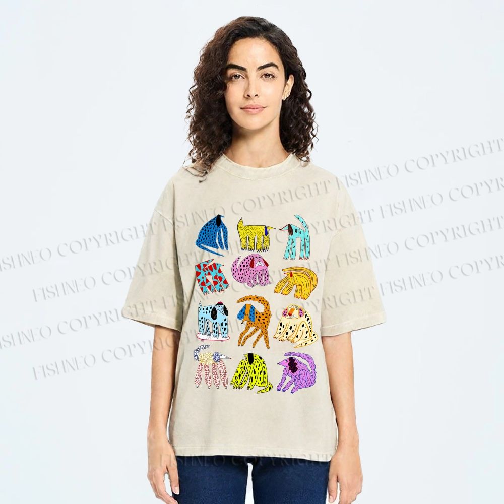 Unisex Dogs with Dots Printed Washed Tee