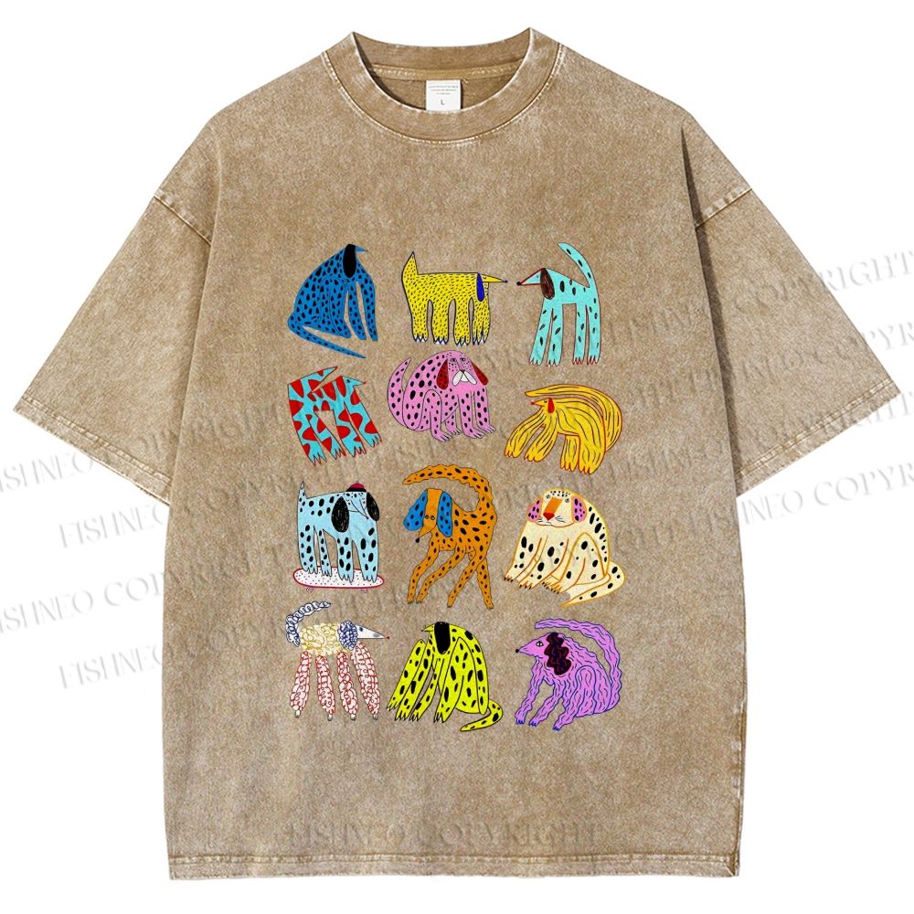 Unisex Dogs with Dots Printed Washed Tee