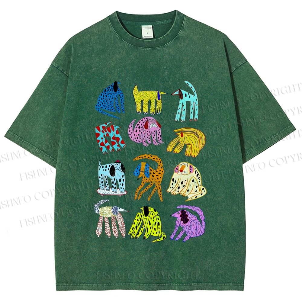 Unisex Dogs with Dots Printed Washed Tee