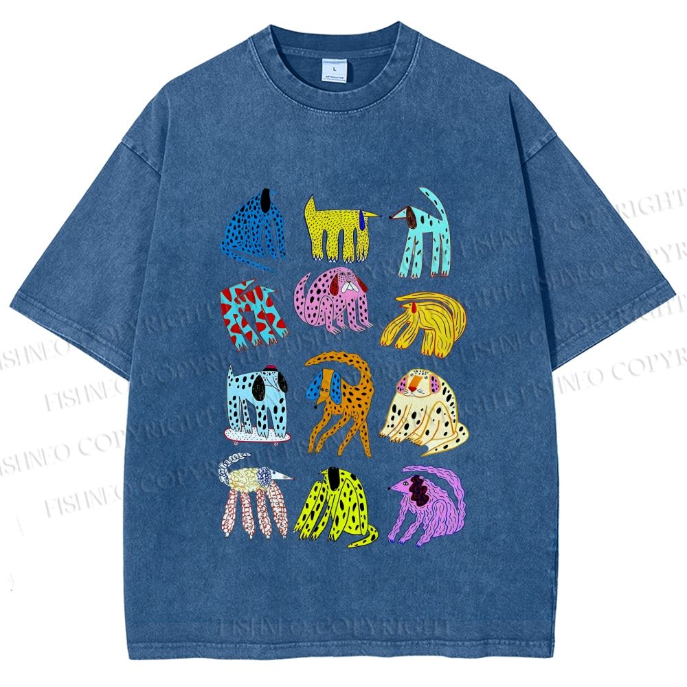 Unisex Dogs with Dots Printed Washed Tee