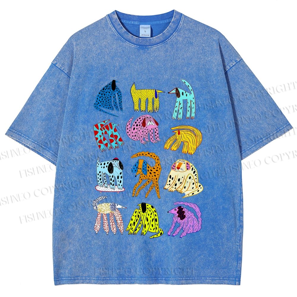 Unisex Dogs with Dots Printed Washed Tee