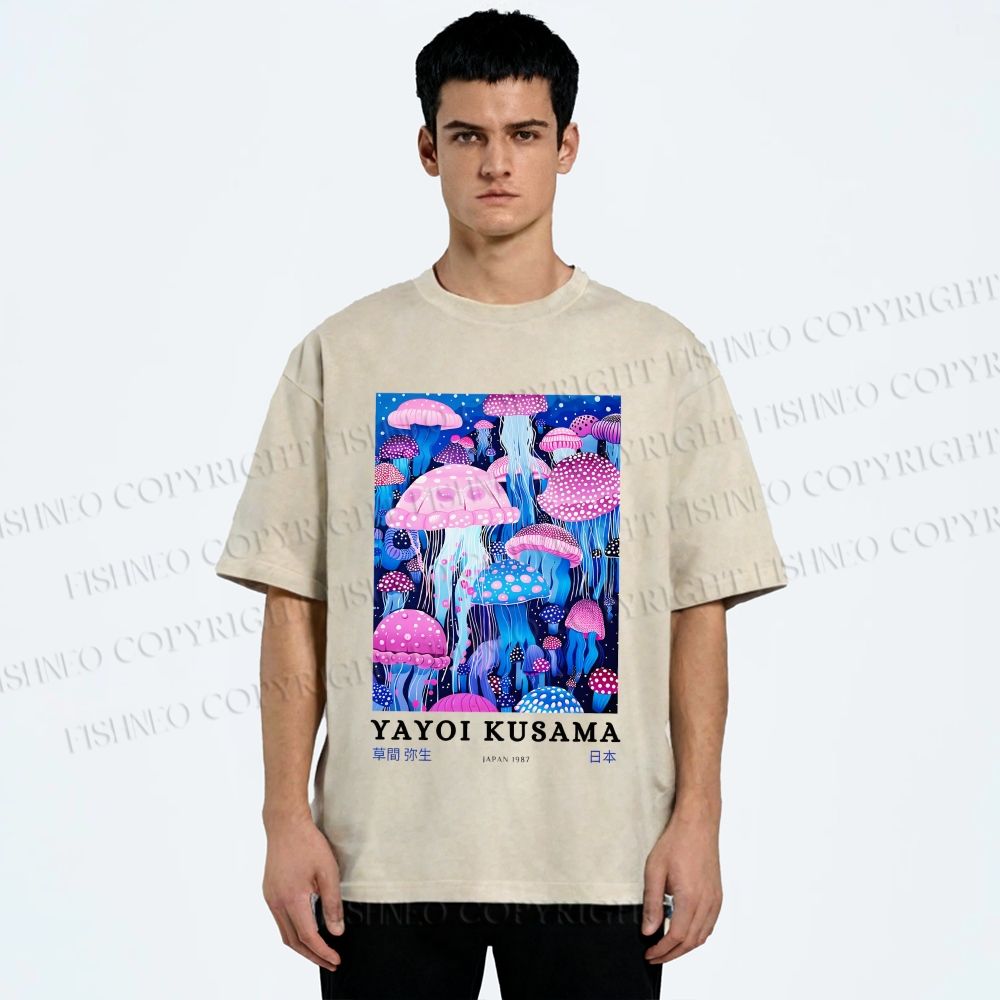 Unisex Yayoi Kusama Colorful Art Mushroom Printed Washed Tee