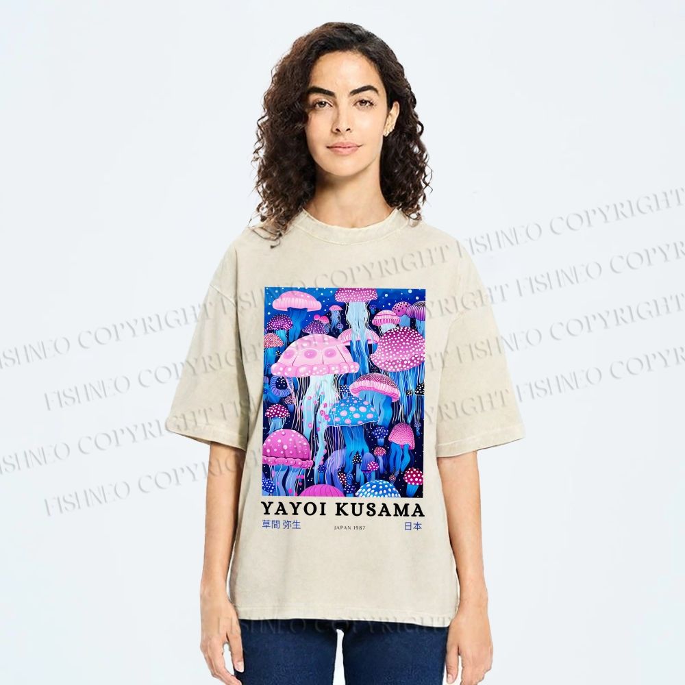 Unisex Yayoi Kusama Colorful Art Mushroom Printed Washed Tee