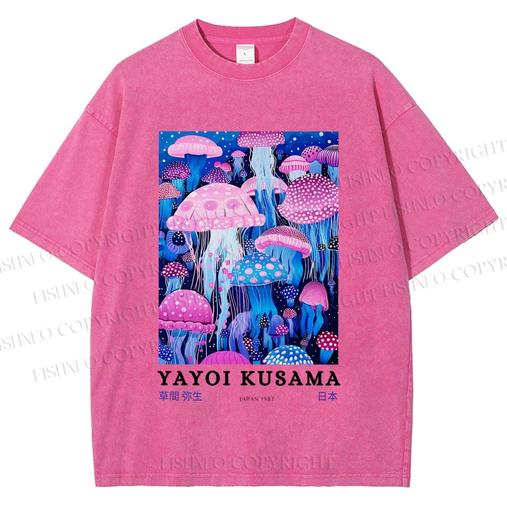 Unisex Yayoi Kusama Colorful Art Mushroom Printed Washed Tee