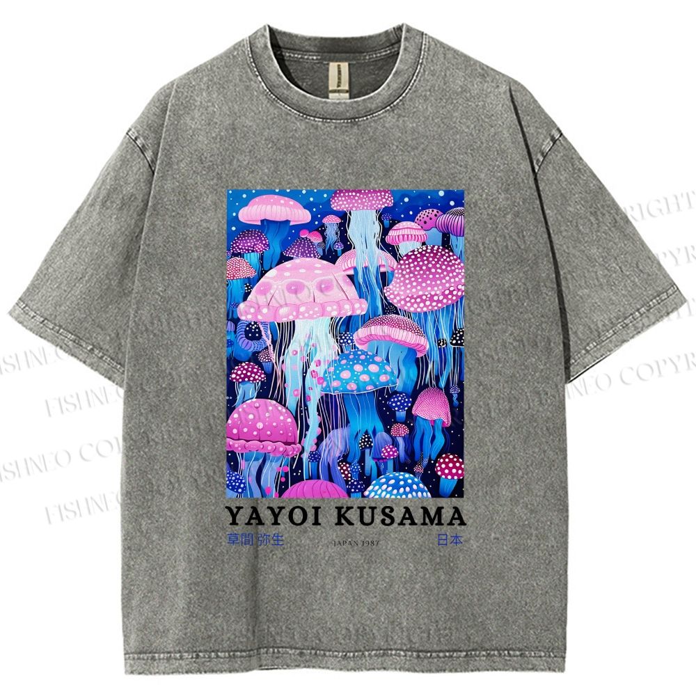 Unisex Yayoi Kusama Colorful Art Mushroom Printed Washed Tee