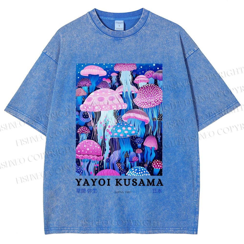 Unisex Yayoi Kusama Colorful Art Mushroom Printed Washed Tee
