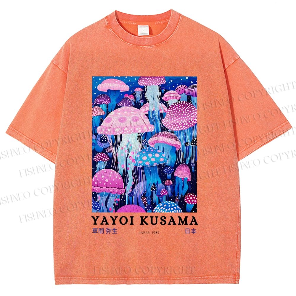 Unisex Yayoi Kusama Colorful Art Mushroom Printed Washed Tee