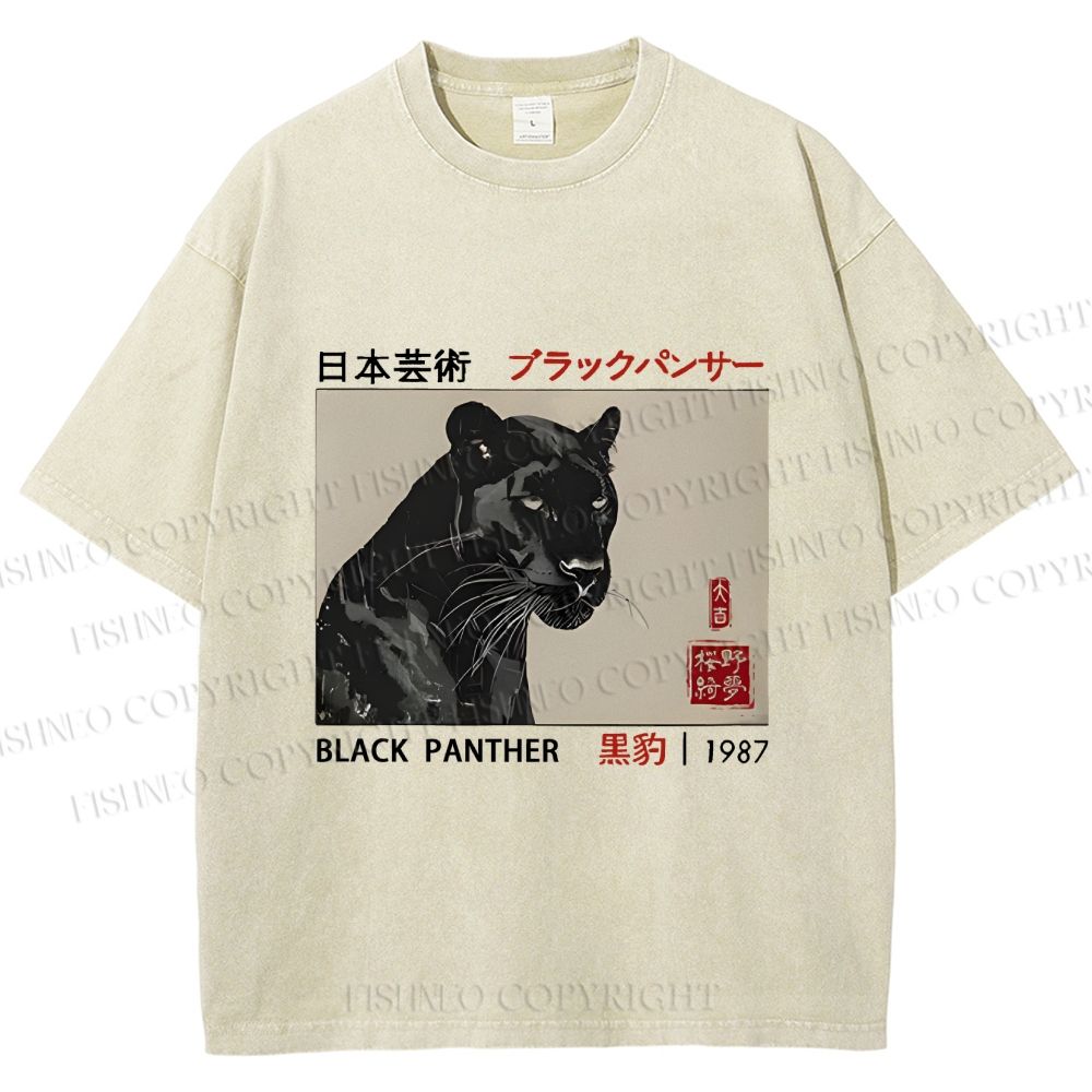 Unisex Japanese Art Black Panther Printed Washed Tee