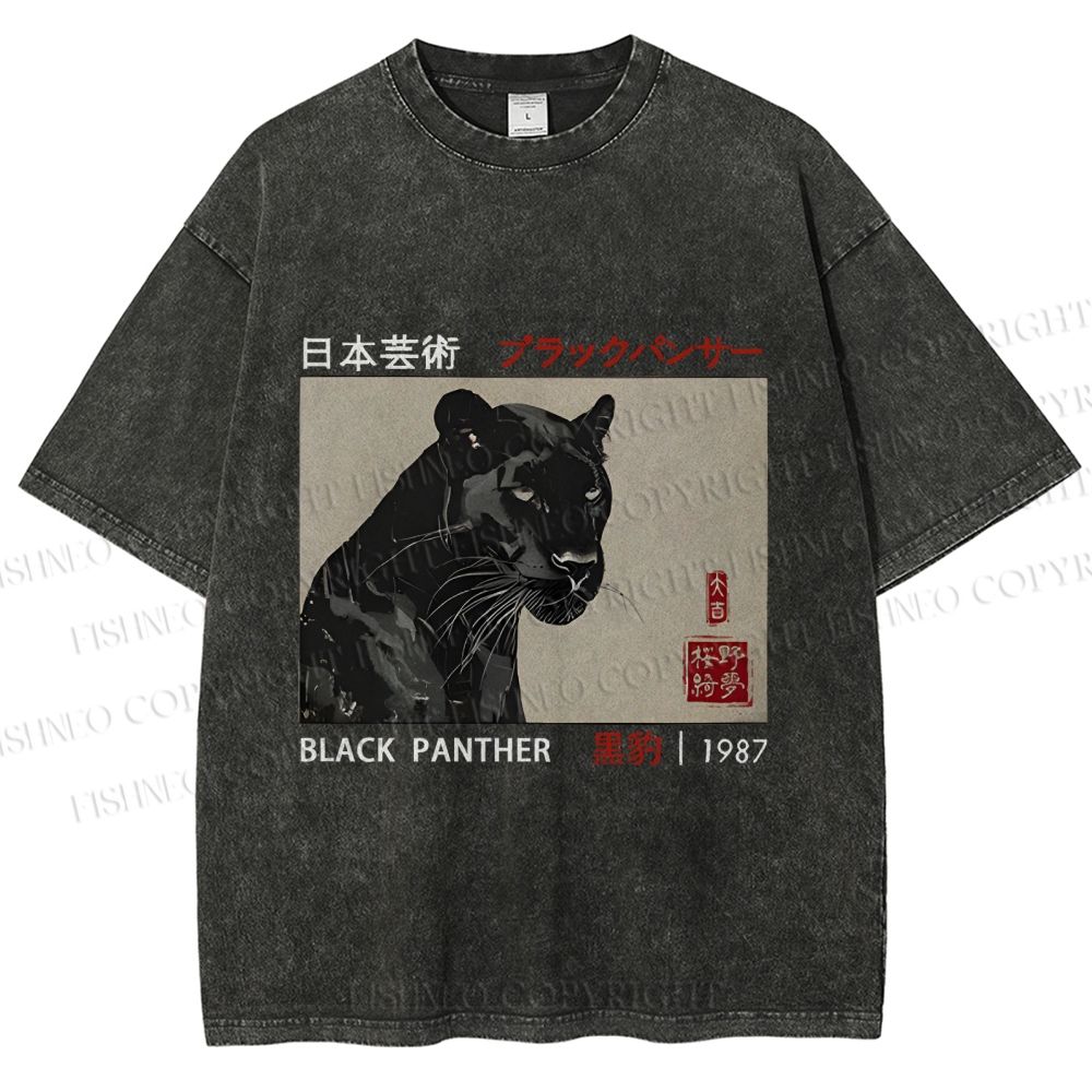 Unisex Japanese Art Black Panther Printed Washed Tee