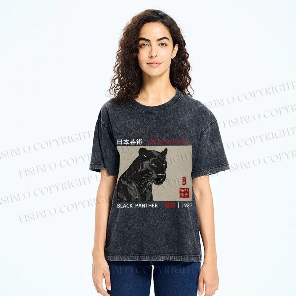 Unisex Japanese Art Black Panther Printed Washed Tee