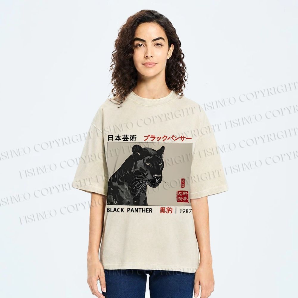 Unisex Japanese Art Black Panther Printed Washed Tee