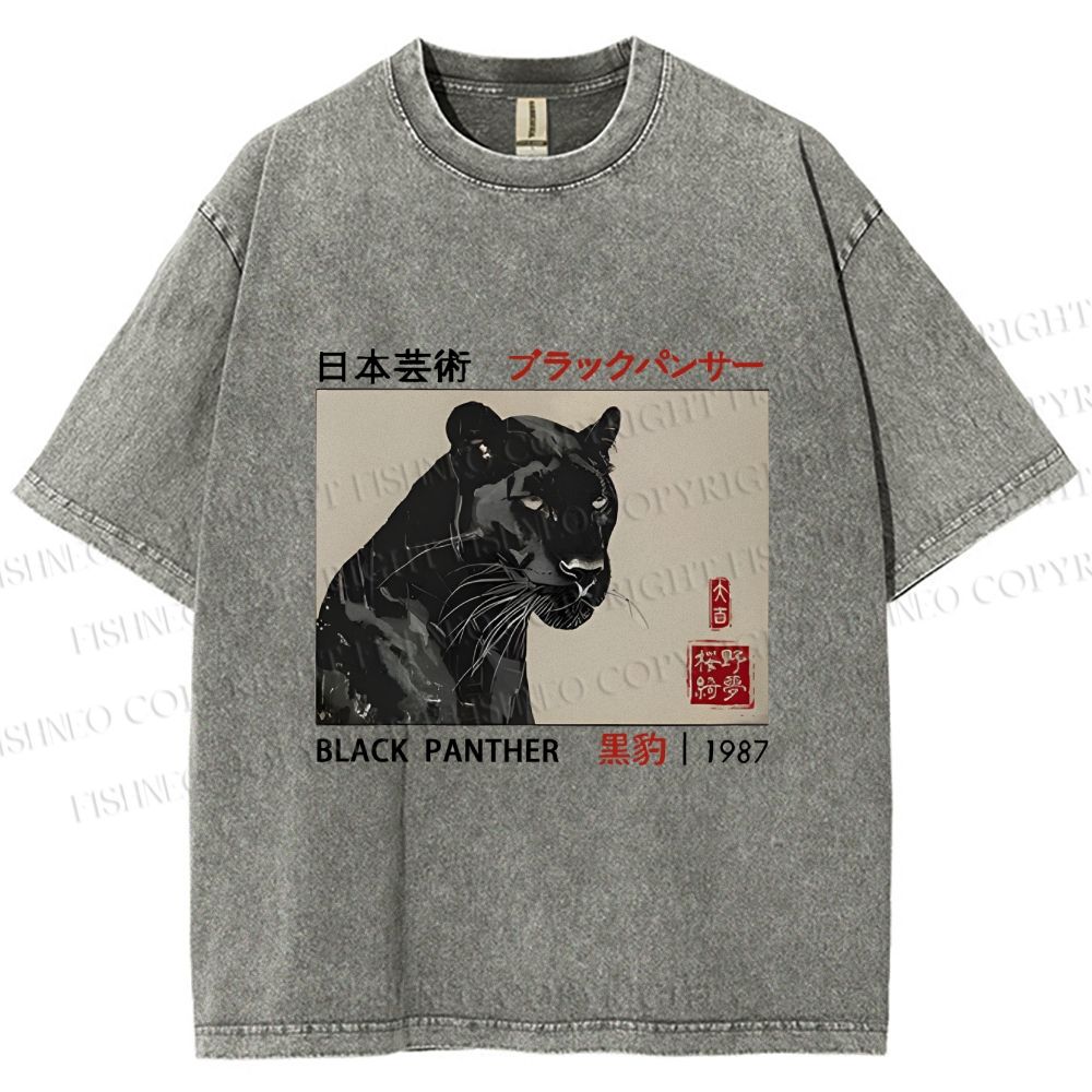 Unisex Japanese Art Black Panther Printed Washed Tee
