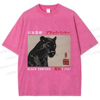 Unisex Japanese Art Black Panther Printed Washed Tee