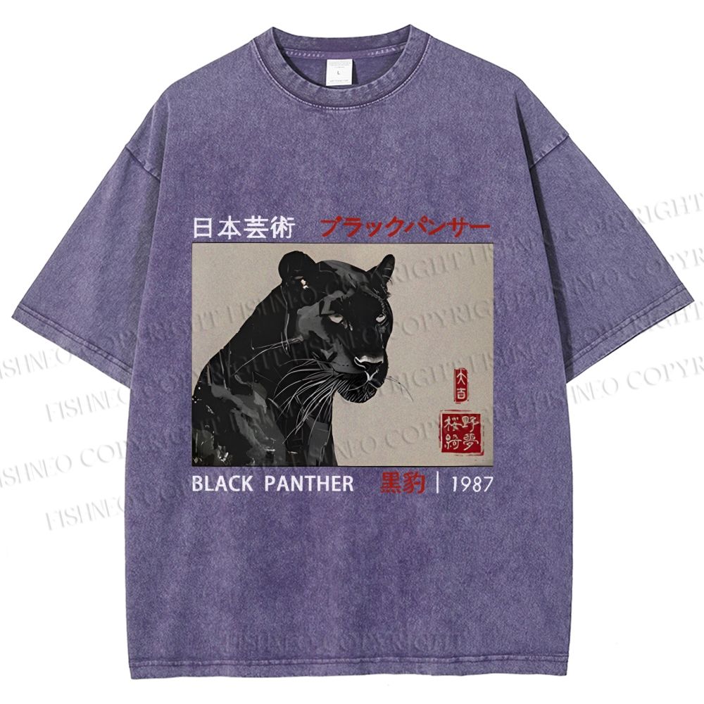 Unisex Japanese Art Black Panther Printed Washed Tee