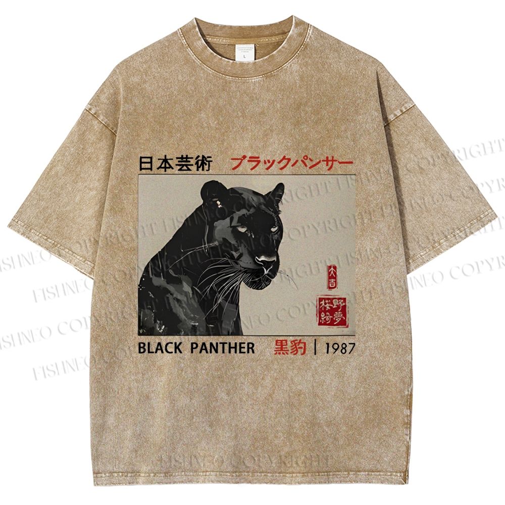 Unisex Japanese Art Black Panther Printed Washed Tee