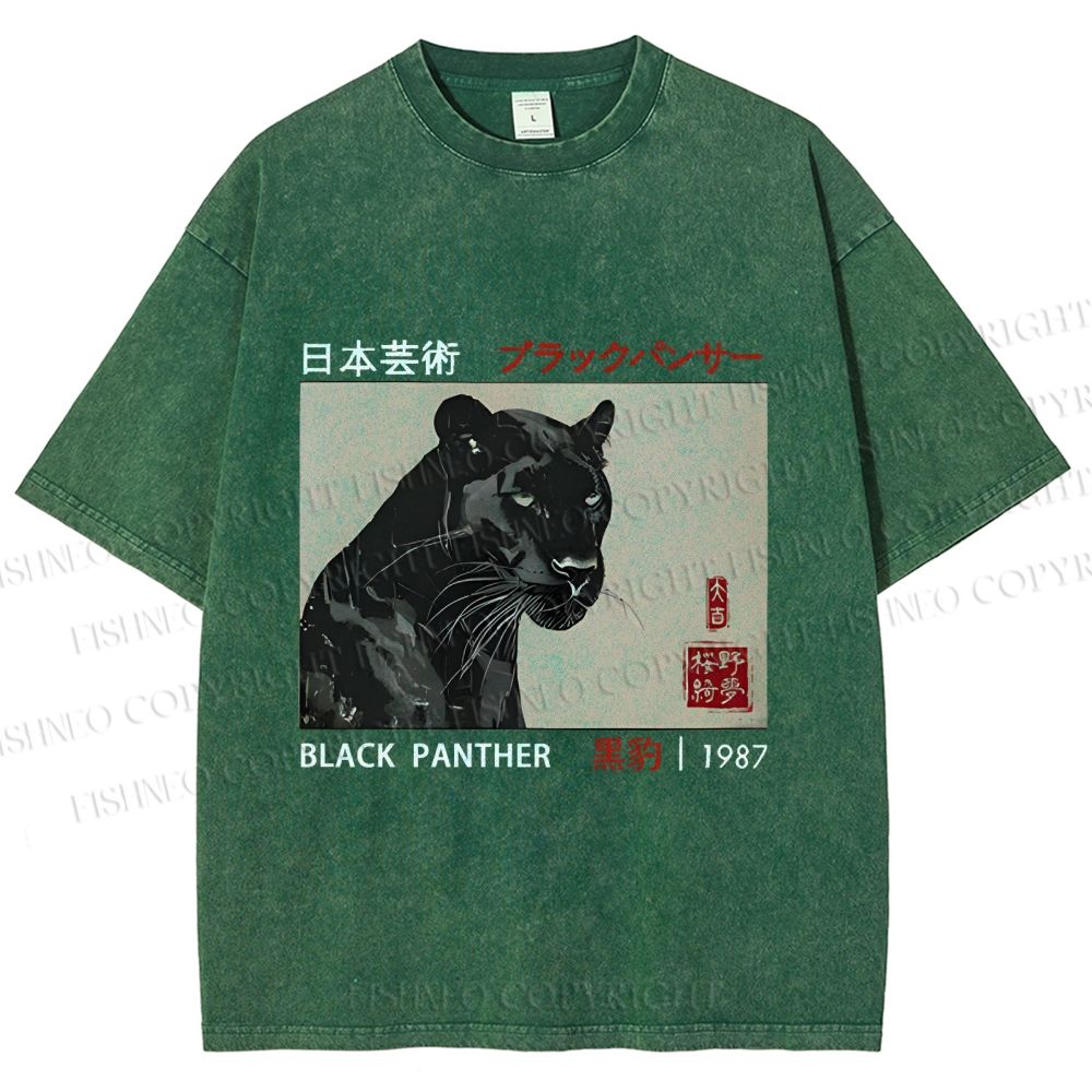 Unisex Japanese Art Black Panther Printed Washed Tee