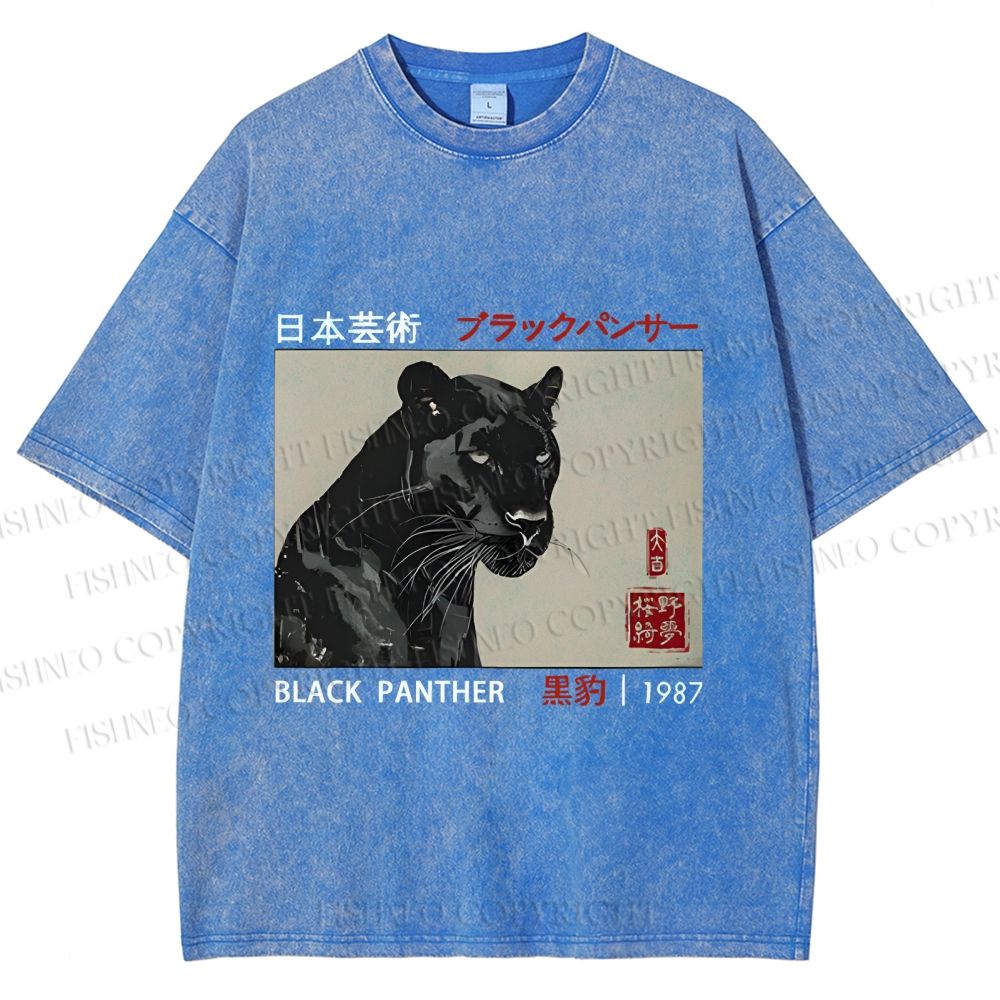 Unisex Japanese Art Black Panther Printed Washed Tee