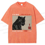 Unisex Japanese Art Black Panther Printed Washed Tee