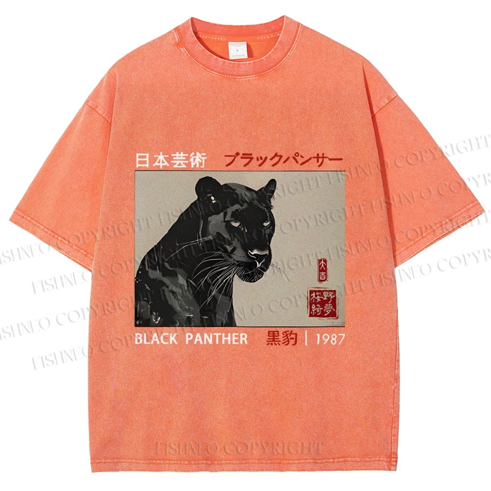 Unisex Japanese Art Black Panther Printed Washed Tee