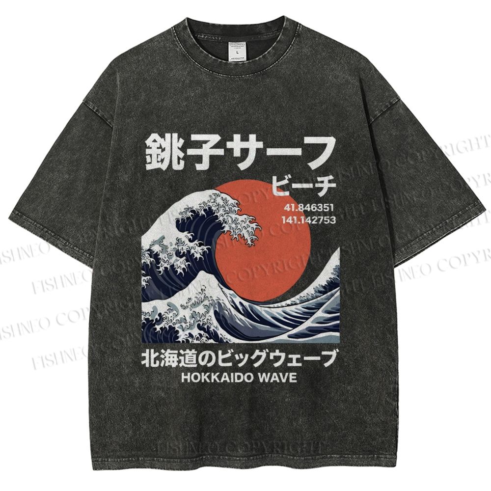Unisex Hokkaido Great Wave Printed Washed Tee