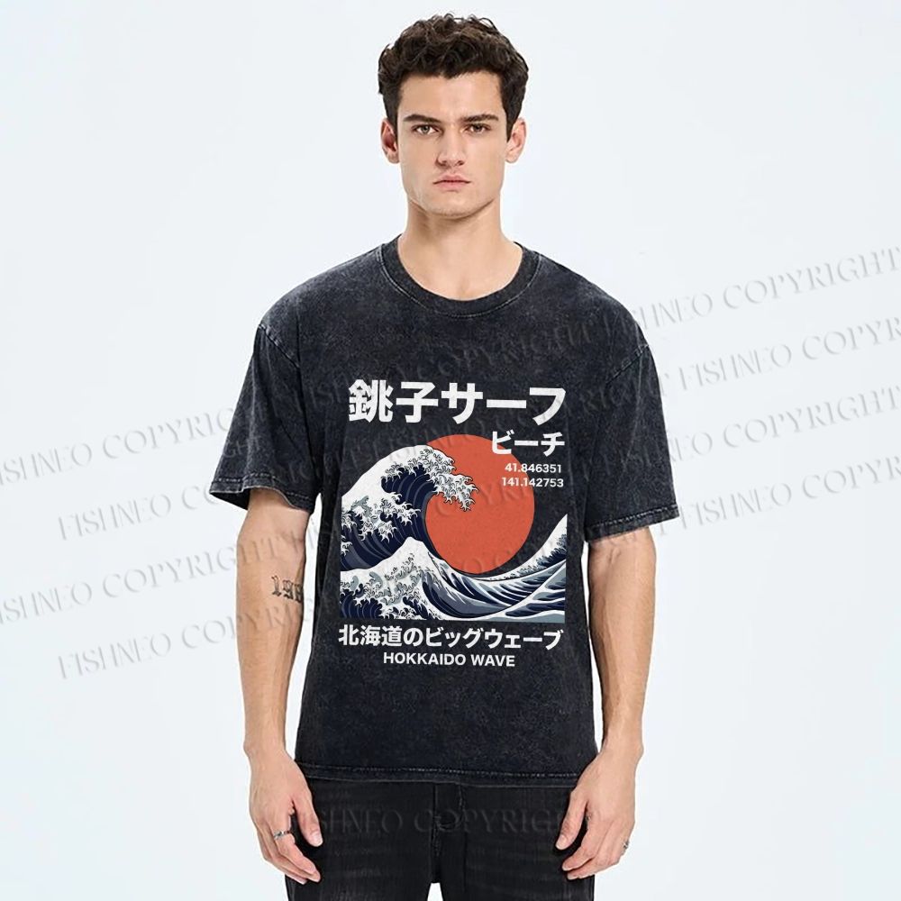 Unisex Hokkaido Great Wave Printed Washed Tee