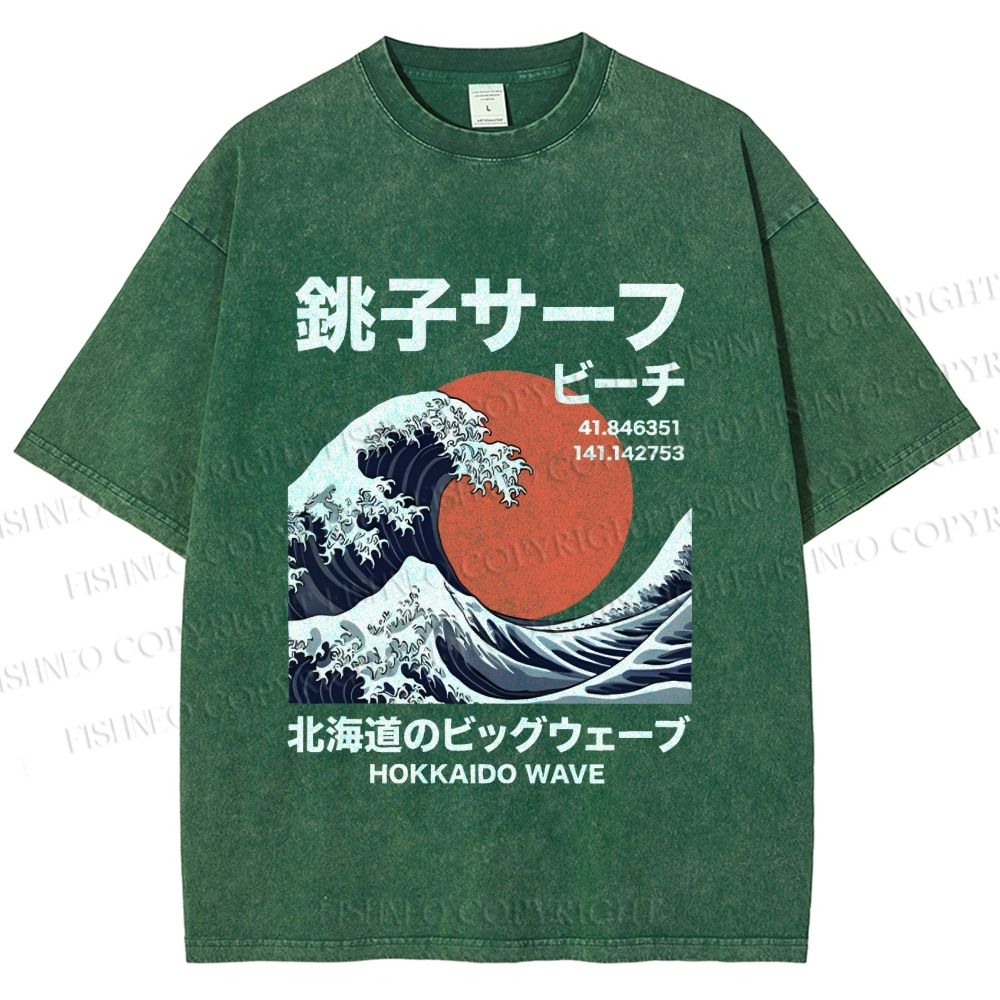Unisex Hokkaido Great Wave Printed Washed Tee