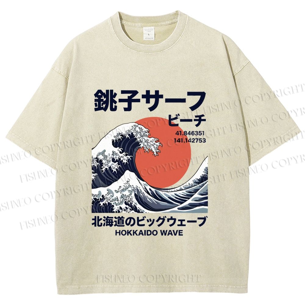 Unisex Hokkaido Great Wave Printed Washed Tee