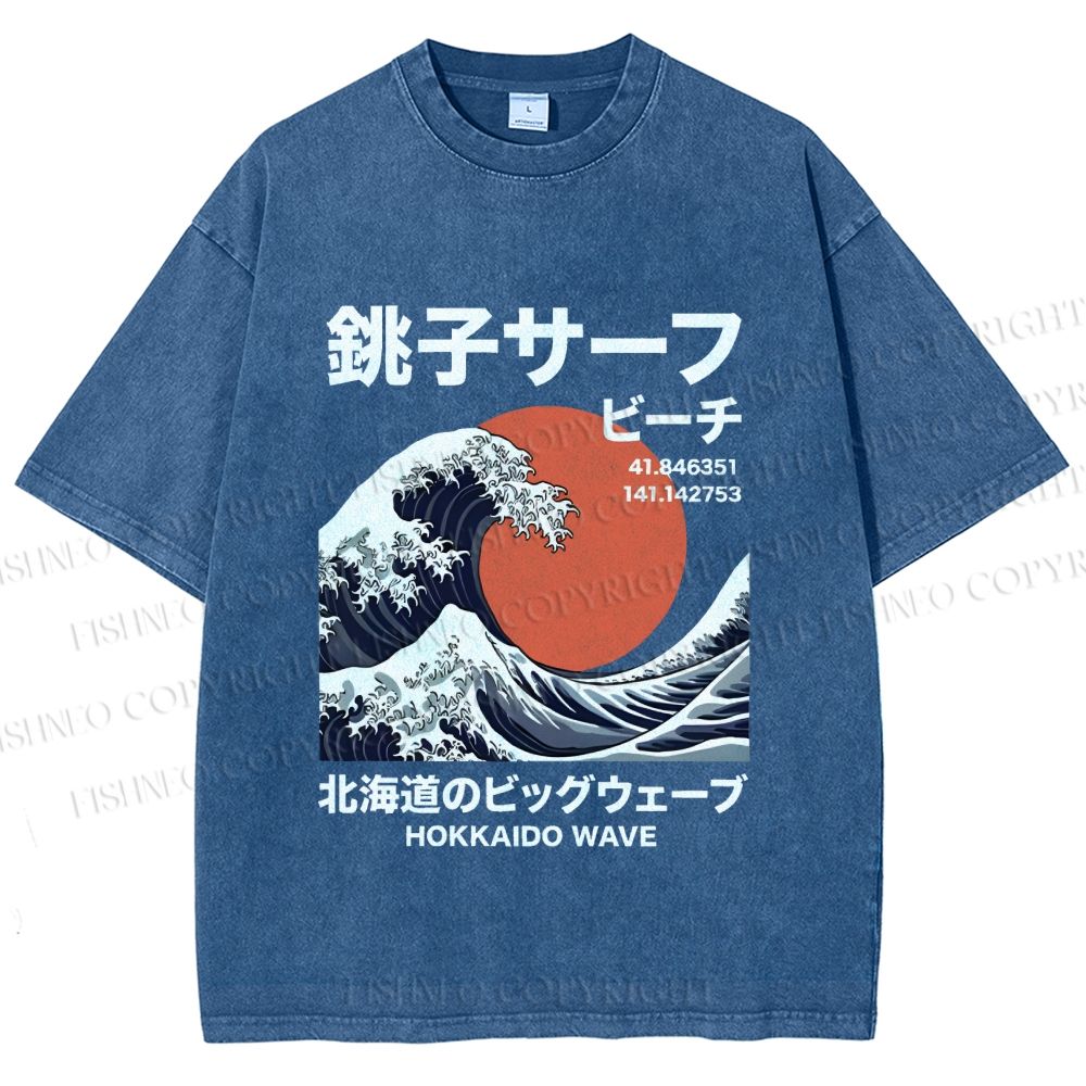 Unisex Hokkaido Great Wave Printed Washed Tee
