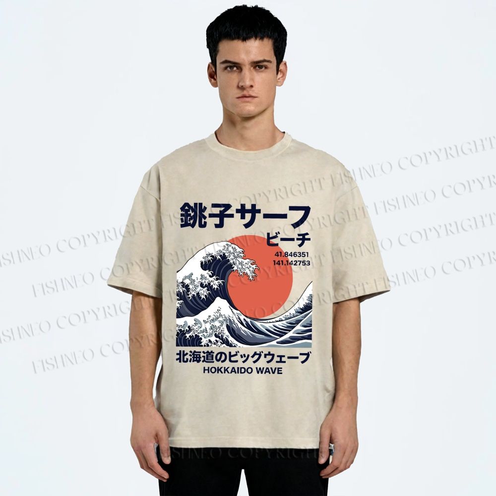 Unisex Hokkaido Great Wave Printed Washed Tee