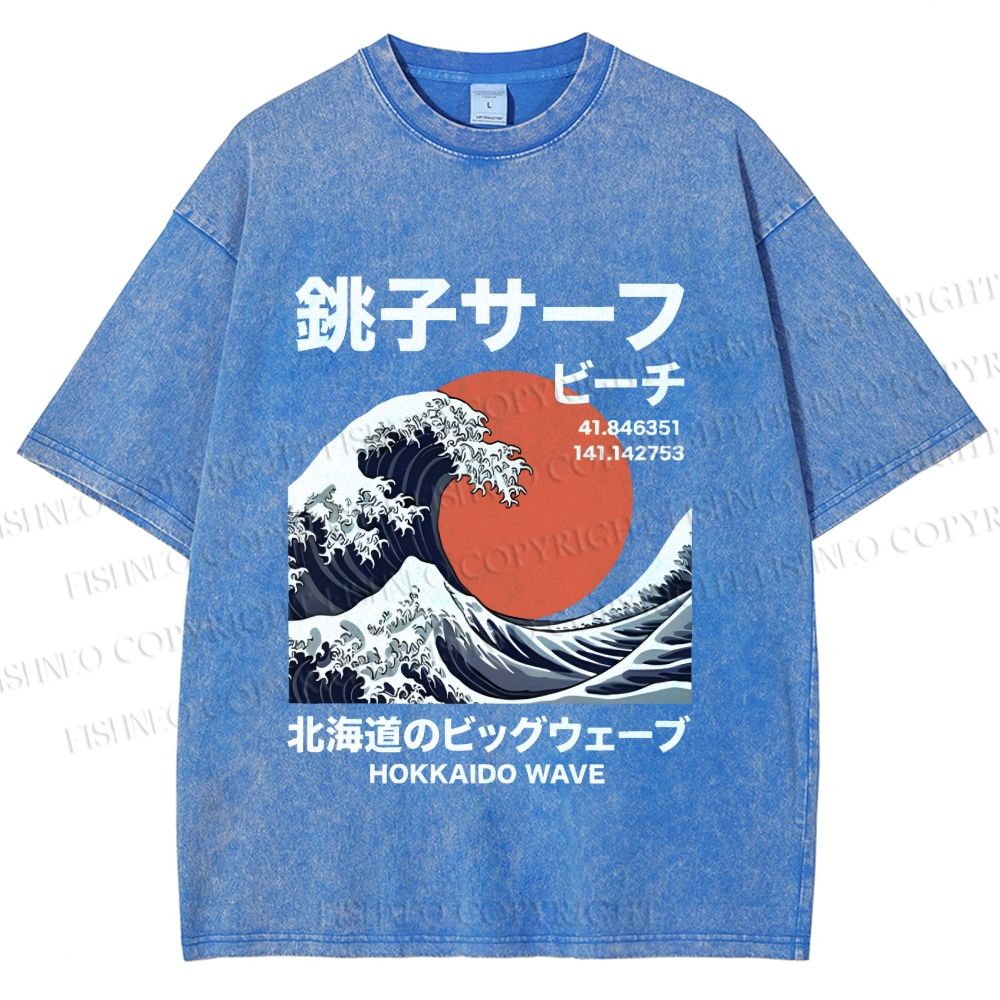 Unisex Hokkaido Great Wave Printed Washed Tee