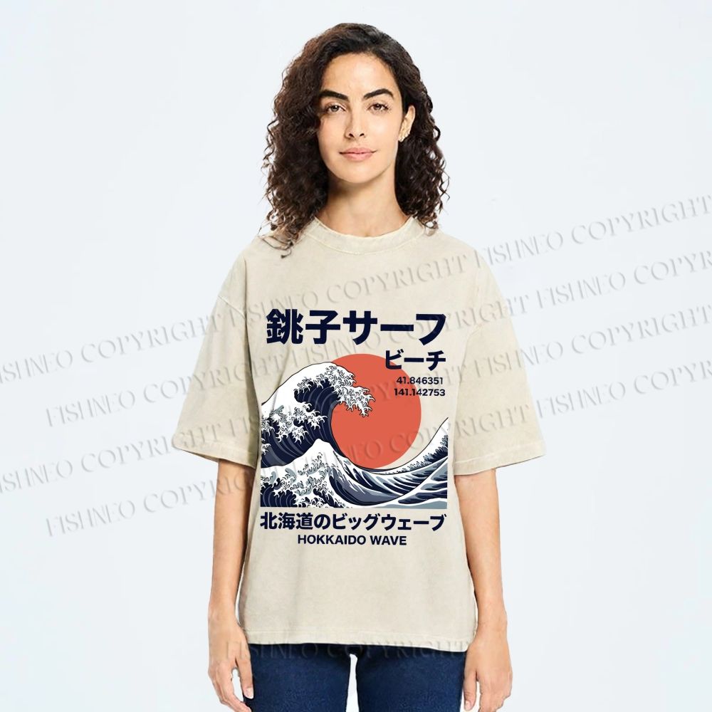 Unisex Hokkaido Great Wave Printed Washed Tee