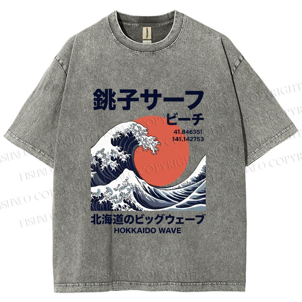 Unisex Hokkaido Great Wave Printed Washed Tee