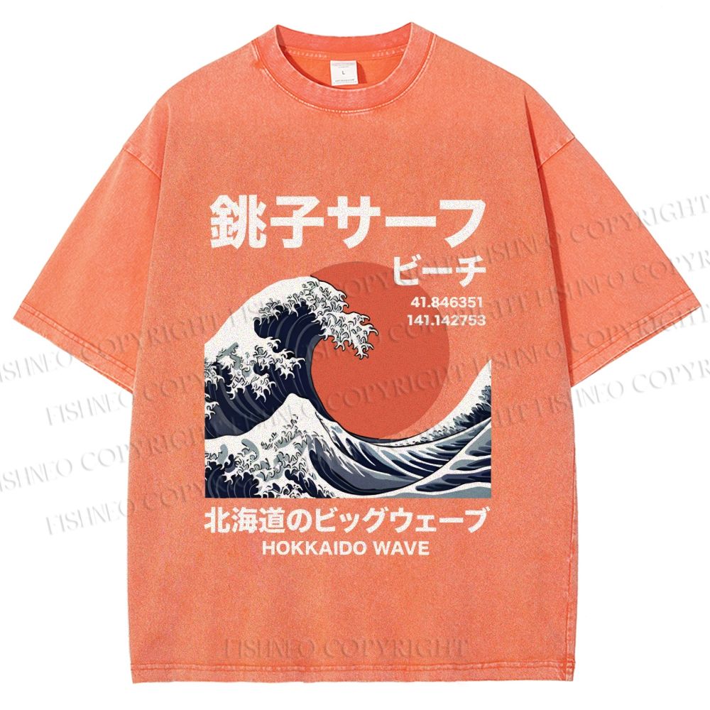Unisex Hokkaido Great Wave Printed Washed Tee