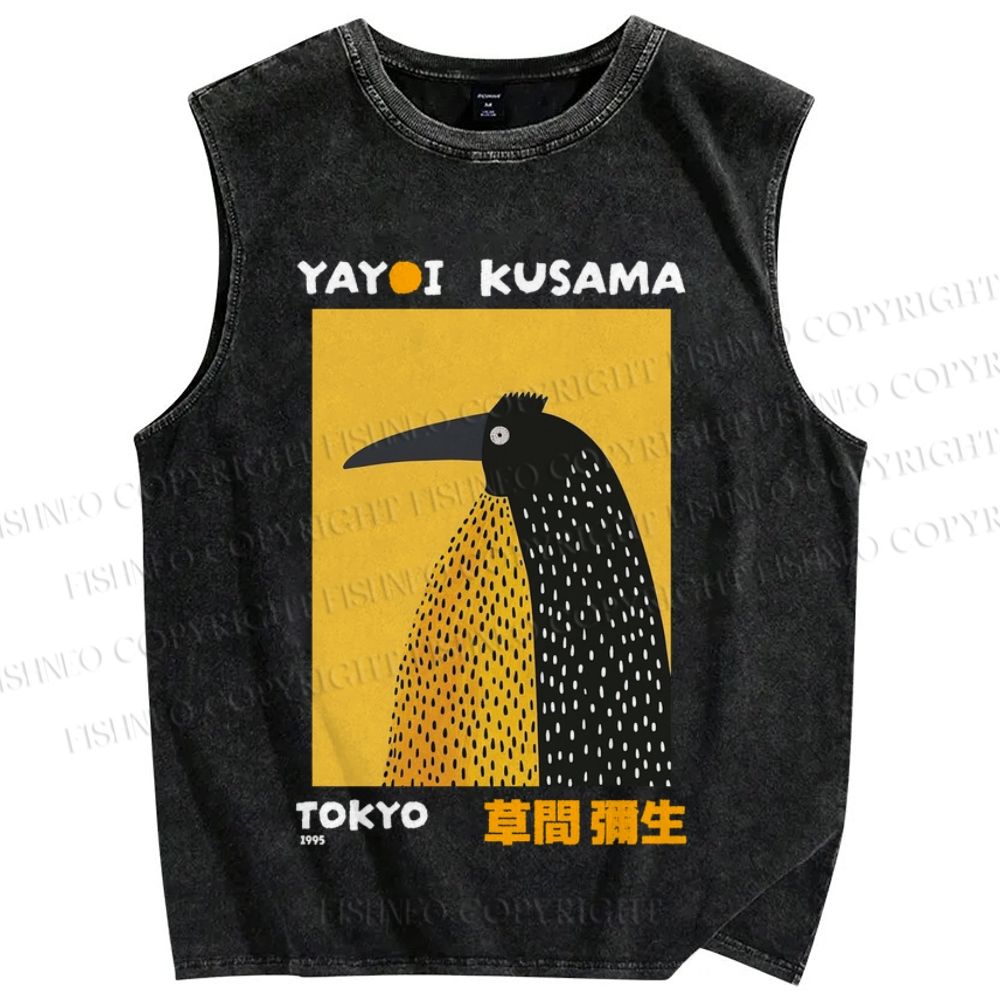 Unisex Half-Split Dot Bird Printed Washed Tank Top