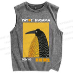 Unisex Half-Split Dot Bird Printed Washed Tank Top