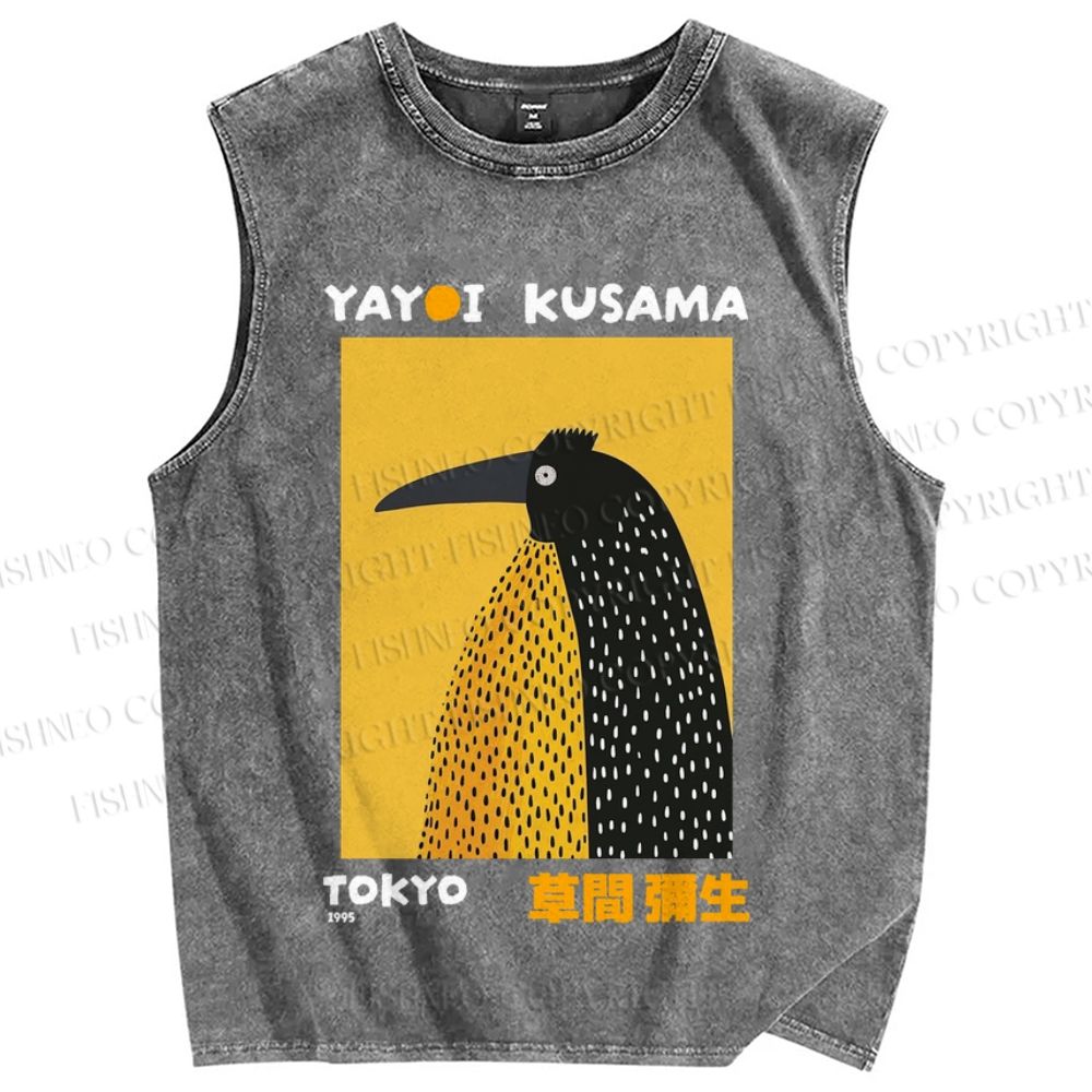 Unisex Half-Split Dot Bird Printed Washed Tank Top