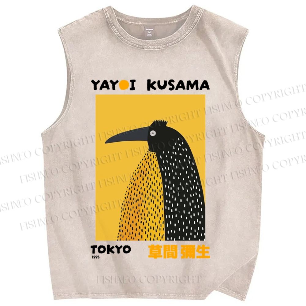 Unisex Half-Split Dot Bird Printed Washed Tank Top