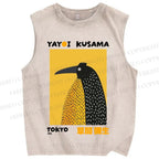Unisex Half-Split Dot Bird Printed Washed Tank Top