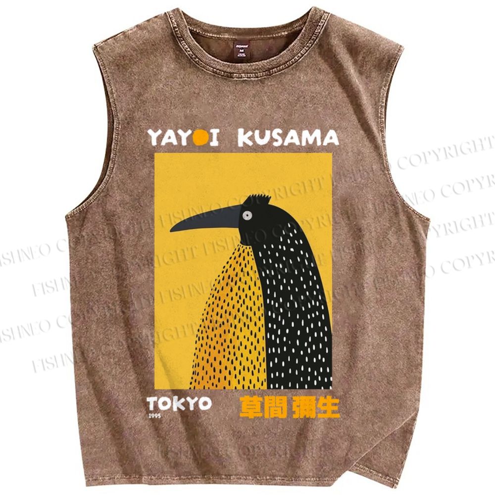 Unisex Half-Split Dot Bird Printed Washed Tank Top