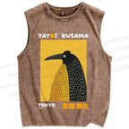 Unisex Half-Split Dot Bird Printed Washed Tank Top