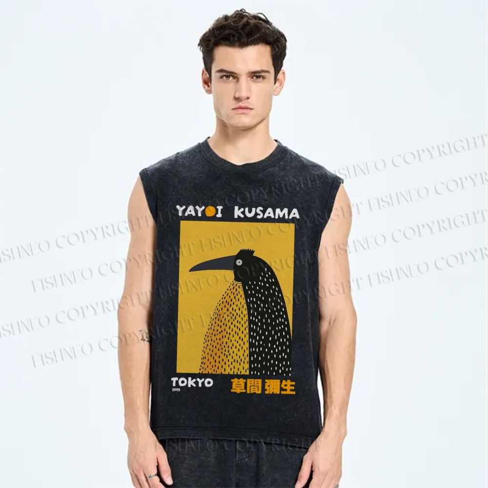 Unisex Half-Split Dot Bird Printed Washed Tank Top