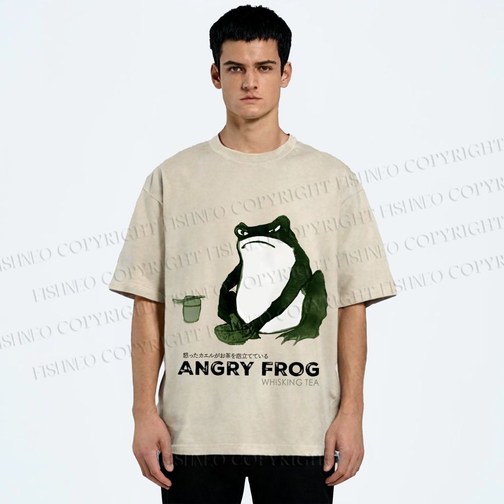 Unisex Japanese Angry Frog Printed Washed Tee