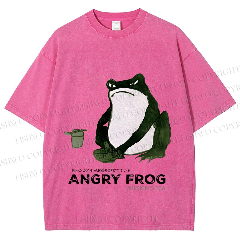 Unisex Japanese Angry Frog Printed Washed Tee