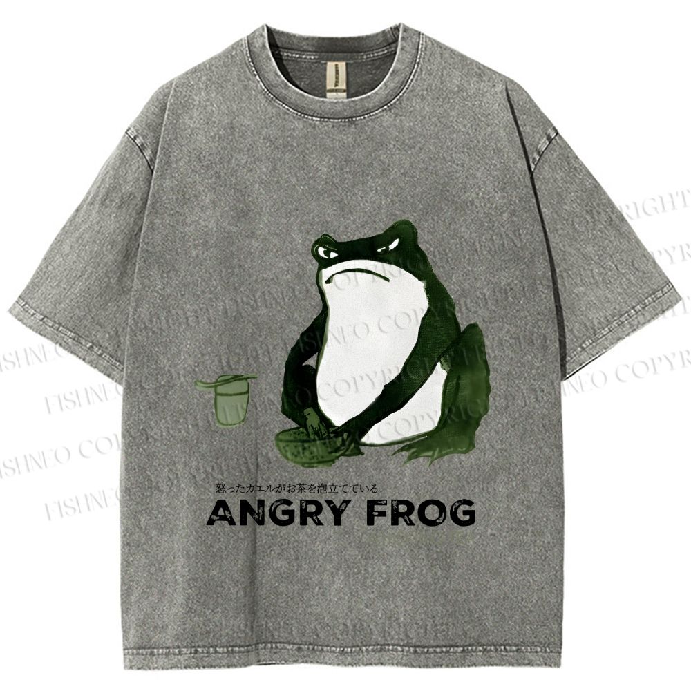 Unisex Japanese Angry Frog Printed Washed Tee