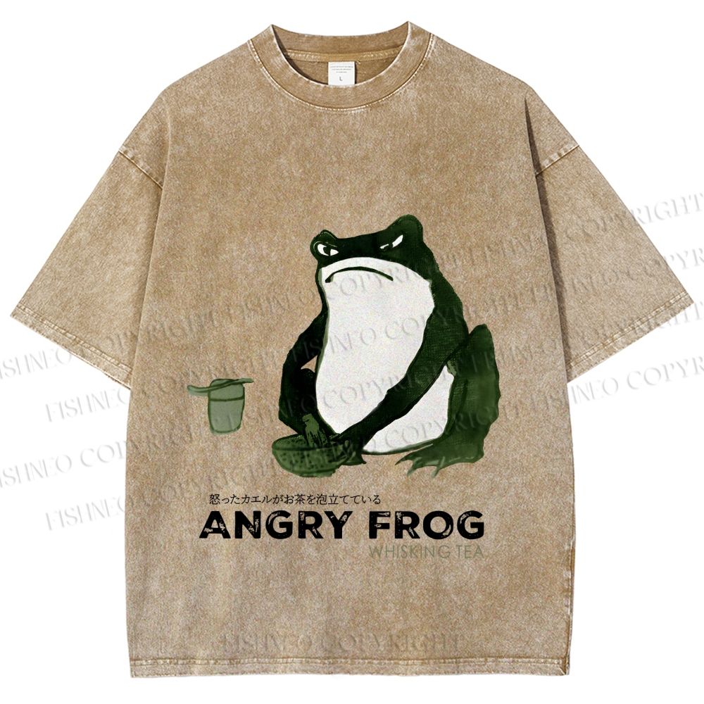Unisex Japanese Angry Frog Printed Washed Tee